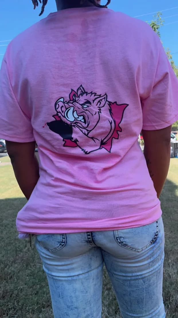 Pink HAWG TIED tee — back, in the wild